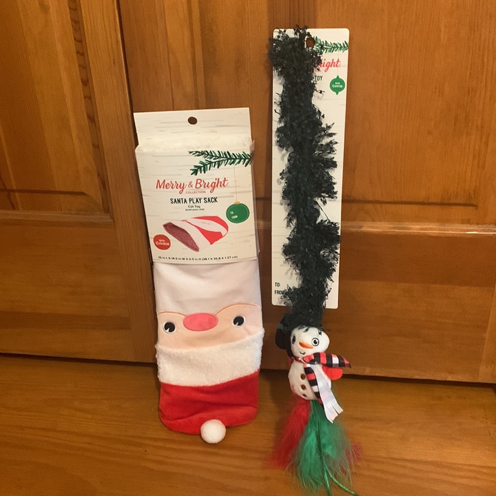 🔴NEW Christmas Cat Toy Santa Play Sack and Feather Snowman Teaser Toy Bundle